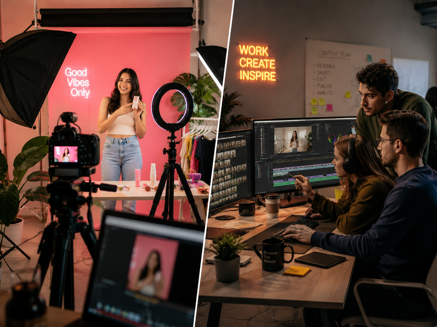 Studio shoot and video editing suite in production