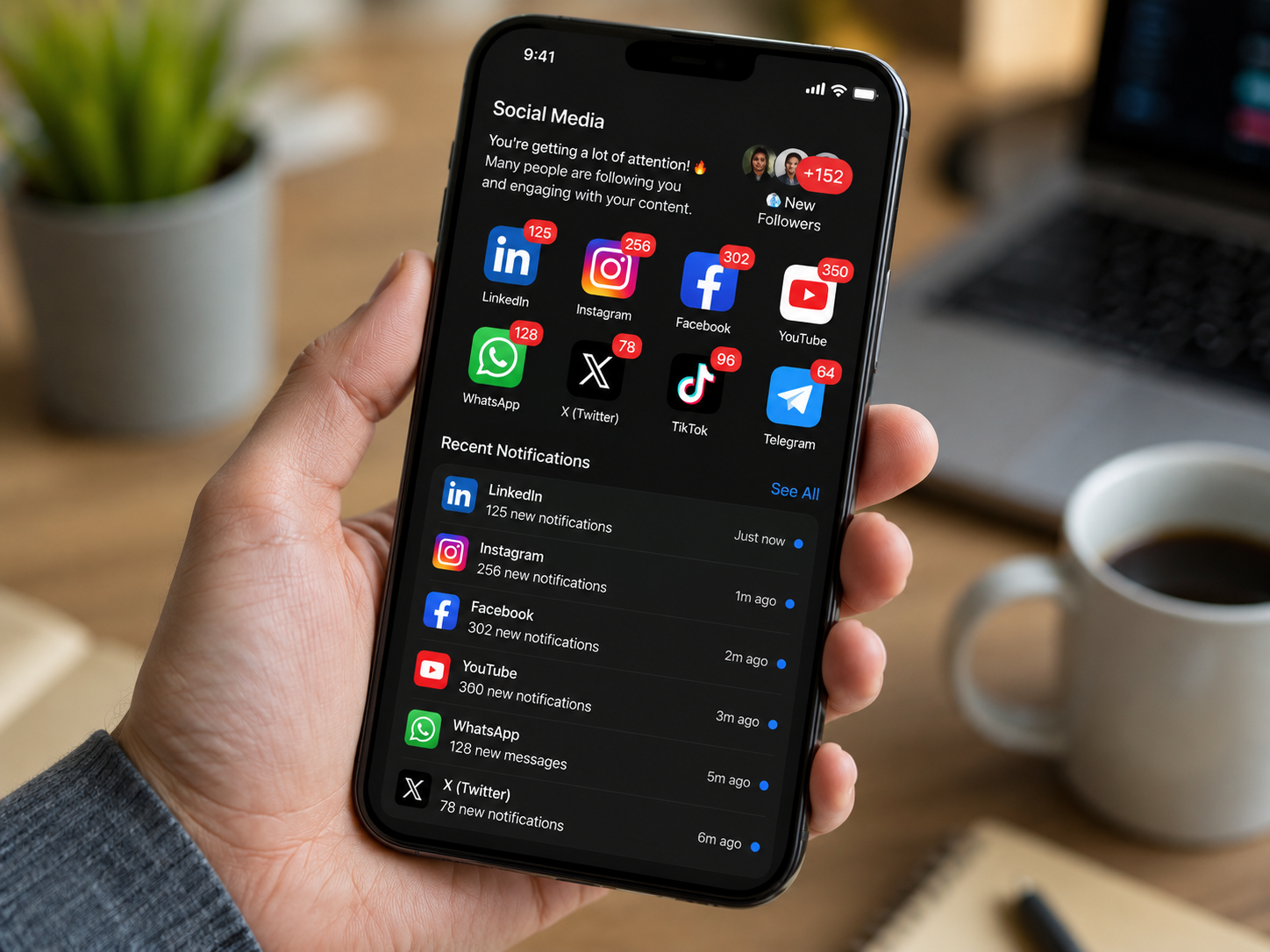 Phone showing social media notifications, followers and engagement